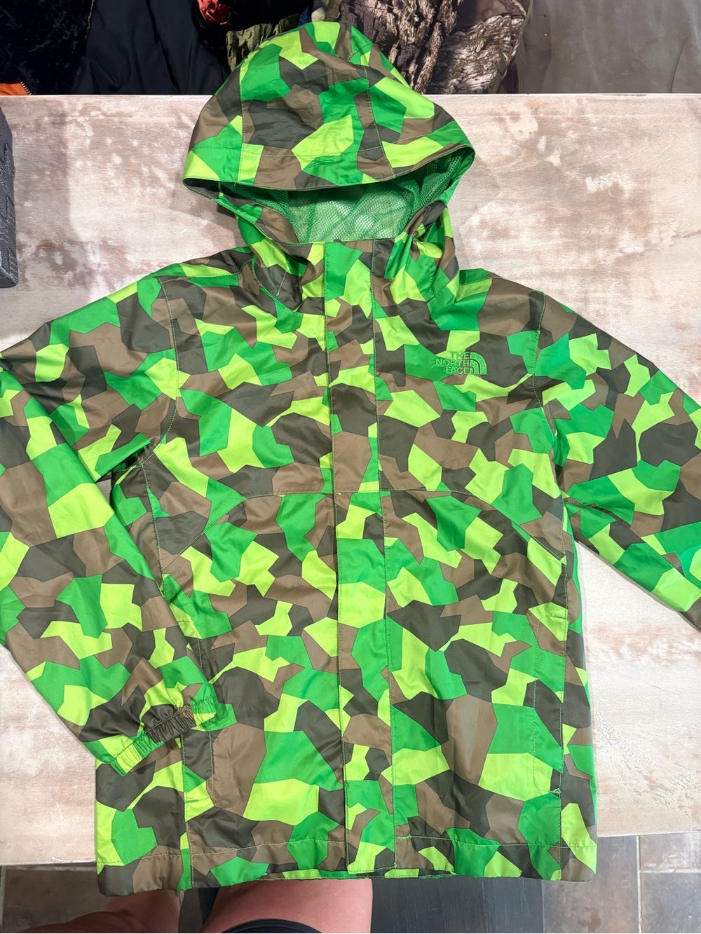 The North Face Kids' Green Camo Hooded wind/rain Jacket